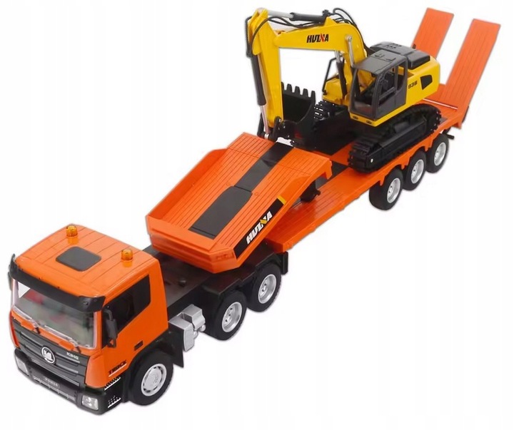 OGROMNA CIĘŻARÓWKA Z PRZYCZEPĄ SAMOCHÓD LAWETA KOPARKA RC 2x PILOT 1319