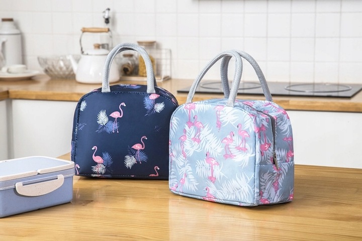 Torebka Termiczna LUNCH BOX Izolowana Na Jedzenie Błękitna Różowe Flamingi