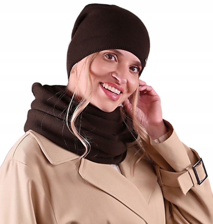 CZAPKA damska przejściowa jesienna gładka Polska modny BRAZ czekolada