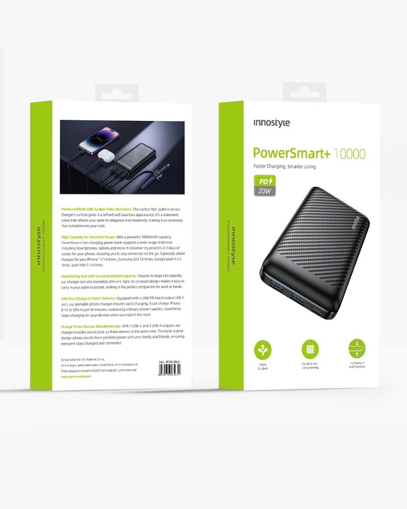 INNOSTYLE POWERSMART+ POWERBANK 10000MAH 3X USB USB-C 20W Z KABLEM USB-C
