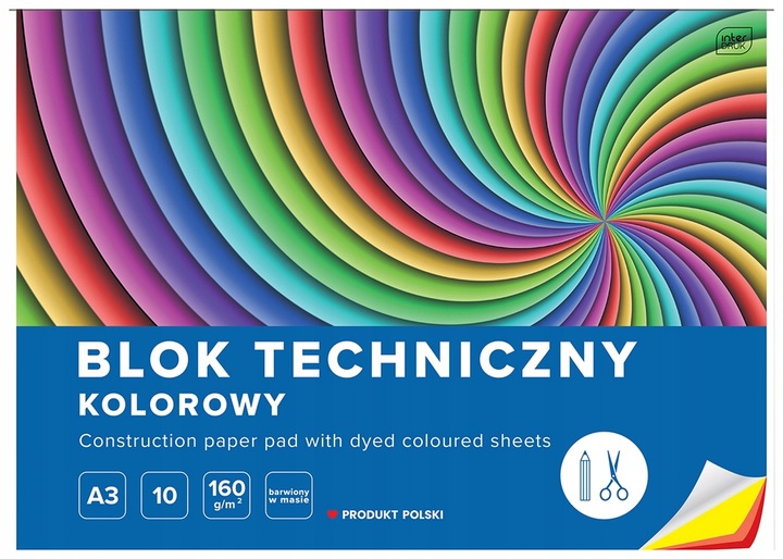 BLOK TECHNICZNY KOLOROWY A3 10 ARKUSZY, 160G, INTENSYWNE KOLORY, INTERDRUK