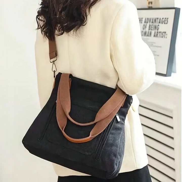 Torebka Miejska Worek Pojemna Na Ramię Grafitowa Czarna Damska Tkanina