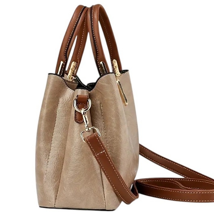 Torebka Damska BRĄZOWA Beżowa na Ramię Pasek do Ręki na Zamek Kuferek