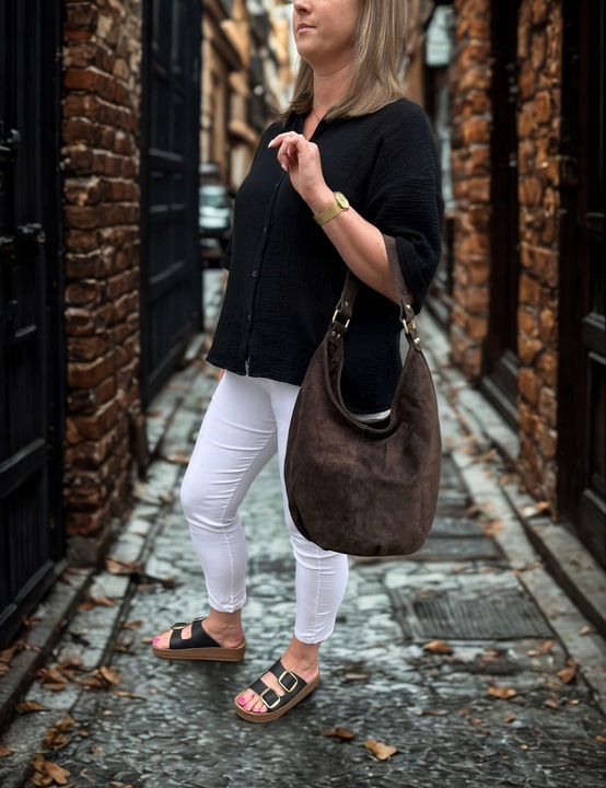 CZEKOLADOWA ZAMSZOWA TOREBKA WOREK BRĄZOWA TOREBKA ZAMSZ NATURALNY ZAMEK