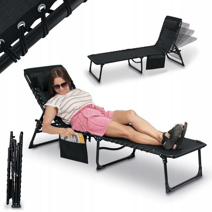 LEŻAK OGRODOWY Leżanka na PLAŻĘ CZARNY Regulowany KIESZONKA Tadar 4 pozycje