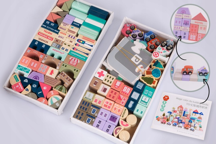 DREWNIANE KLOCKI ZESTAW DROGA MIASTO 115 ELEMENTÓW MATA POJAZDY AKCESORIA