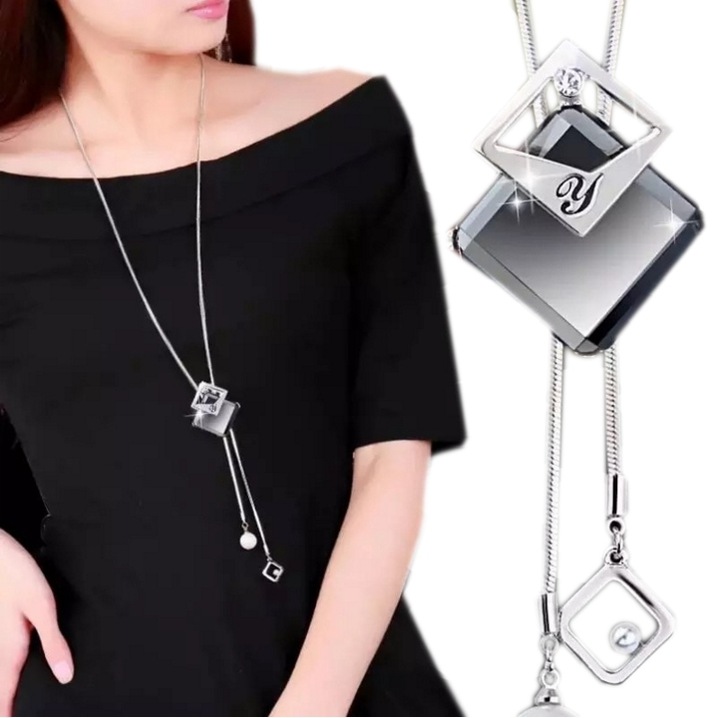 Naszyjnik DŁUGI srebrny łańcuszek kryształ GRAFIT