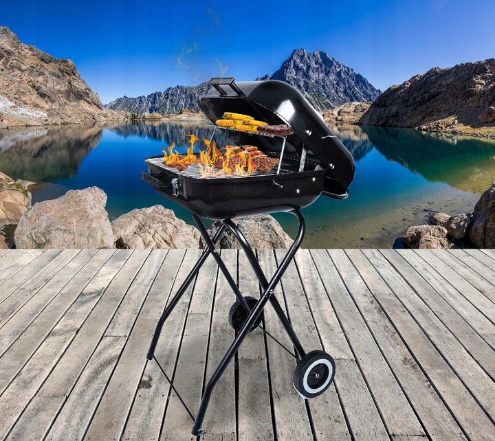 GRILL Węglowy na brykiet Ogrodowy PRZENOŚNY turystyczny WÓZEK POKRYWA