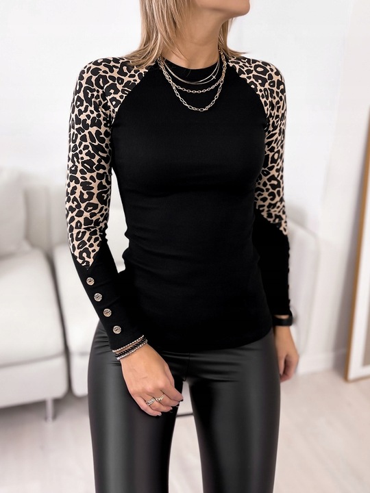 BLUZKA DAMSKA - prążkowana, z panterką i guzikami