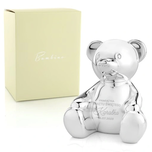 SREBRNA SKARBONKA MIŚ CHRZEST ROCZEK GRAWER GRATIS