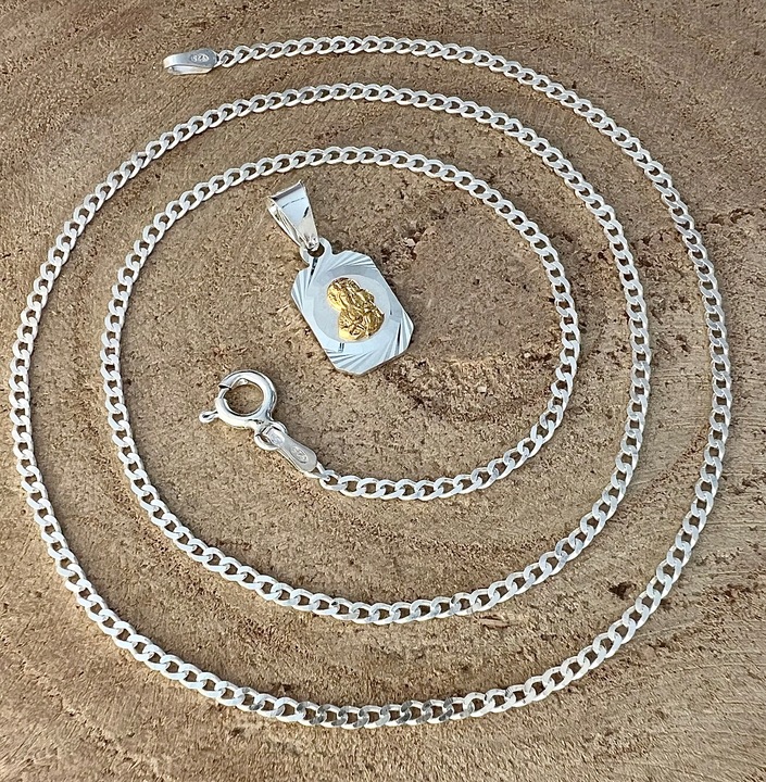 Srebrny zestaw 45 cm pancerka + medalik Matka Boska Komunia Chrzest prezent