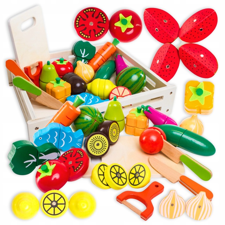 DREWNIANE WARZYWA I OWOCE NA MAGNES ZESTAW DO KROJENIA ZABAWKA EDUKACYJNA