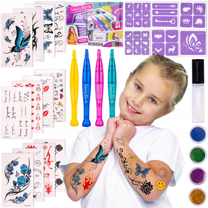 ZESTAW DO ROBIENIA TATUAŻY DUŻY BROKATOWE TATUAŻE ZMYWALNE SZABLONY DIY