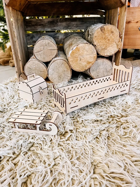 ZESTAW MEBLI DLA ELFA PSOTNIKA ŁÓŻKO SKRZYNIA SANIE DREWNO