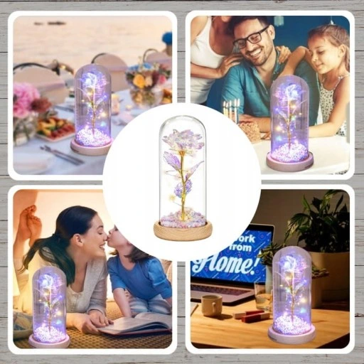 WIECZNA RÓŻA W SZKLE ŚWIECĄCA LED PREZENT PUDEŁKO NA WALENTYNKI DZIEŃ BABCI