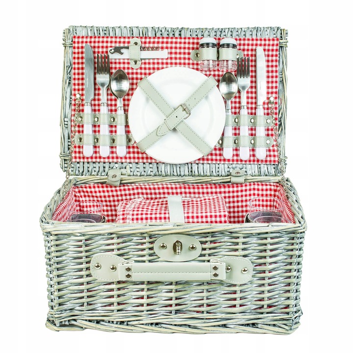 Duży kosz piknikowy z zestawem sztućców talerzy dla 4 osób biała wiklina