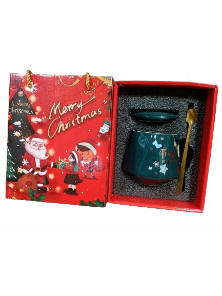 KUBEK ŚWIĄTECZNY - zestaw w pudełku z pokrywką i łyżeczką 225 ml, zielony