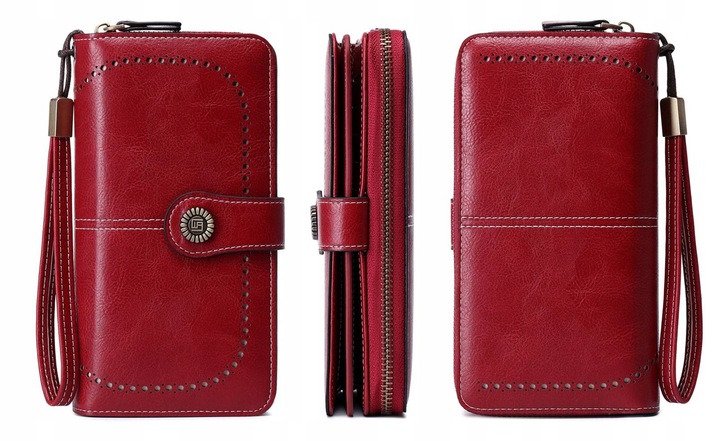 PORTFEL DAMSKI ELEGANCKI DUŻY POJEMNY NA KARTY RFID Z PASKIEM CZERWONY