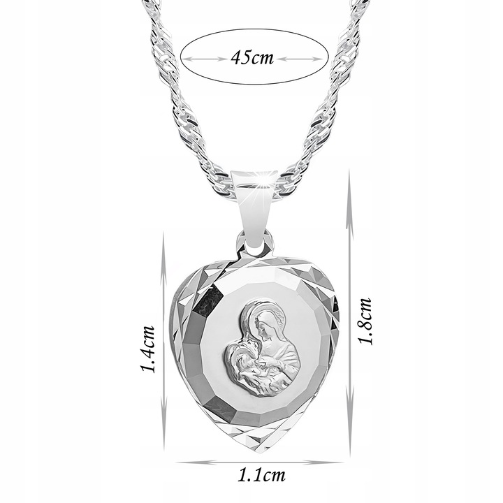 Łańcuszek srebrny medalik komunijny serce 925 Matka Boska na komunię 45 cm