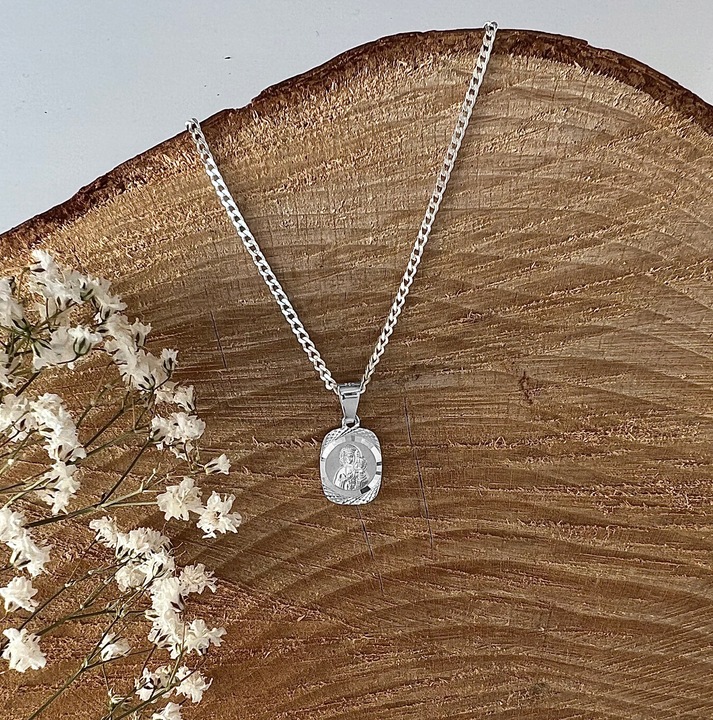 Medalik srebrny i łańcuszek Matka Boska próba 925 na Komunię Chrzest 50 cm