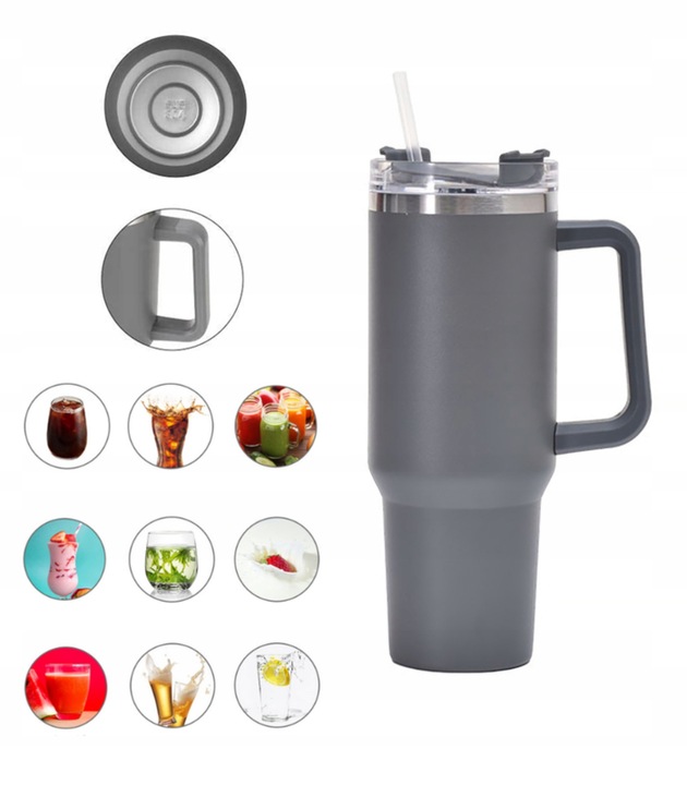 MagiCook KUBEK TERMICZNY SZARY 1200 ML ZE SŁOMKĄ STYLE USA Szarość