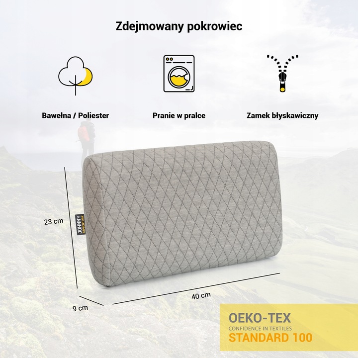 Poduszka podróżna, turystyczna pianka memory JOHNNY ADVENTURE SZARA KRATA