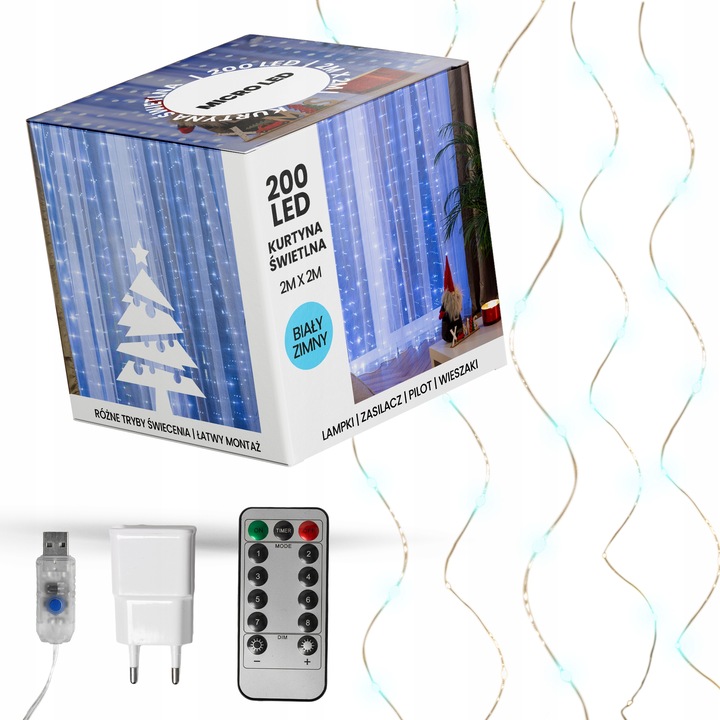 KURTYNA ŚWIETLNA LAMPKI SOPLE DRUCIKI 200 LED 2x2m GIRLANDA USB + ADAPTER