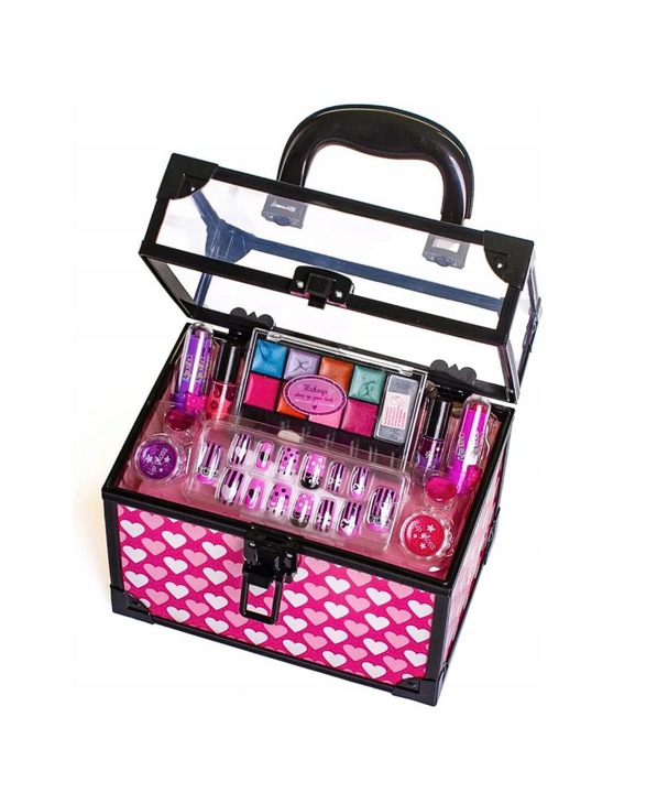 KUFEREK KOSMETYCZKA DLA DZIEWCZYNKI CIENIE LAKIERY TIPSY SZMINKA +BIŻUTERIA