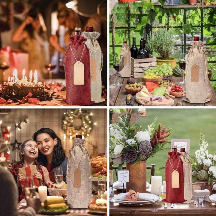 12X TORBY NA BUTELKI WINA ZE SZNURKIEM I PRZYWIESZKAMI TORBY JUTOWE