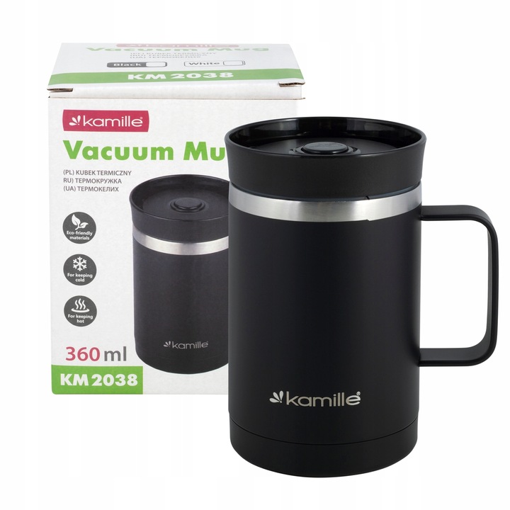 KUBEK TERMICZNY Z UCHEM TERMOS STALOWY SCZELNY pojemny bidon KAMILLE 360 ml