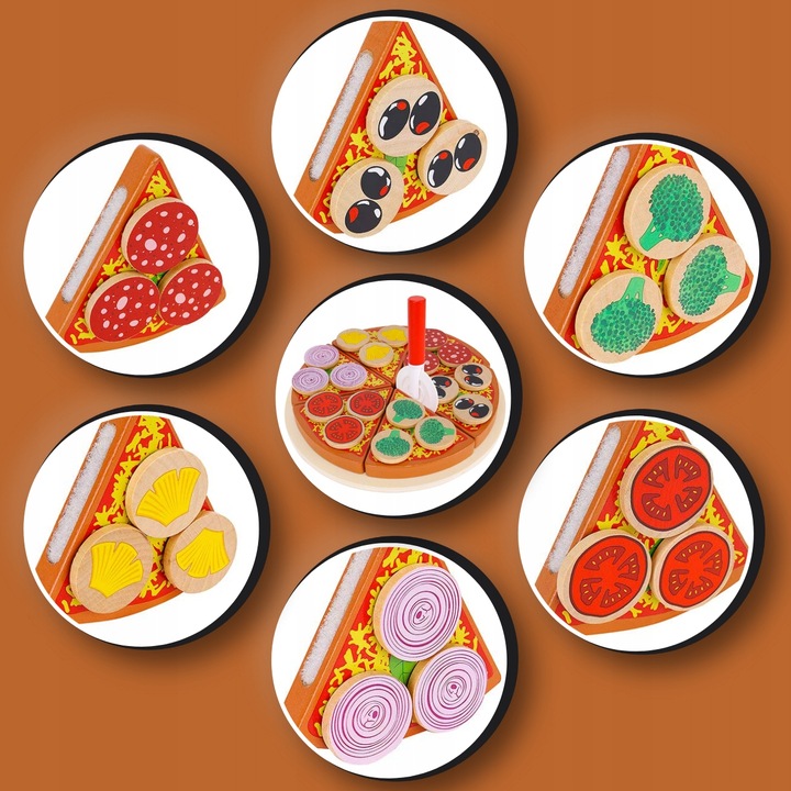 DREWNIANA PIZZA DO KROJENIA UKŁADANKA NA RZEP RZEPY AKCESORIA NÓŻ