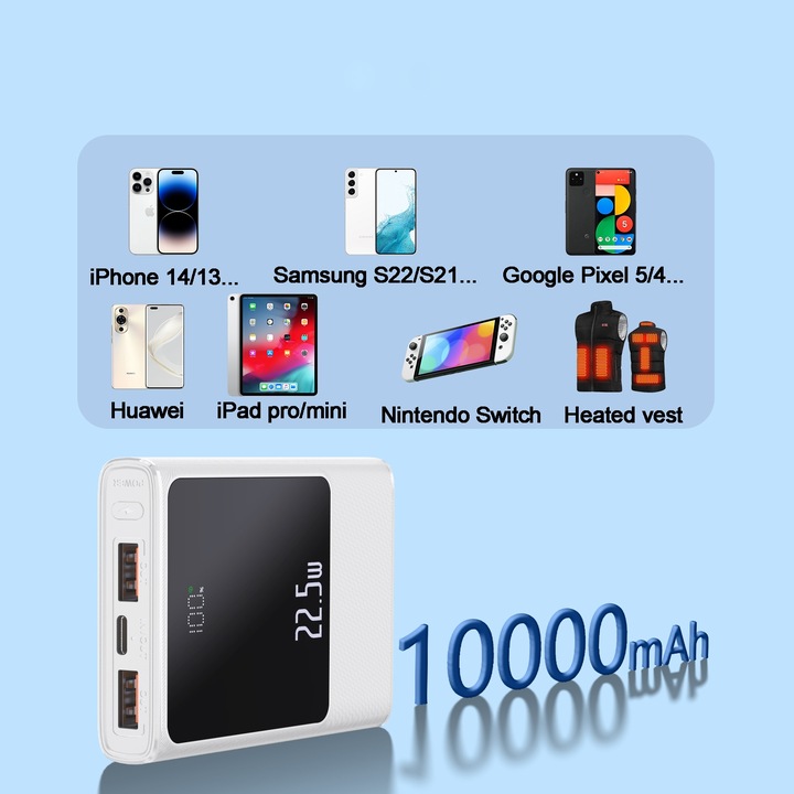 POWERBANK 10000MAH MOCNA SZYBKA ŁADOWARKA 22,5W 2XUSB A/USB-C WYŚWIETLACZ L