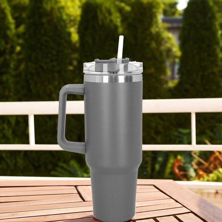 Kubek termiczny ze słomką próżniowy na kawę herbatę szary duży 1,2l