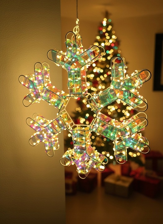 Ozdoba Do Okna Wisząca Śnieżynka Świąteczna LED Świecąca z Obu Stron 8 tryb