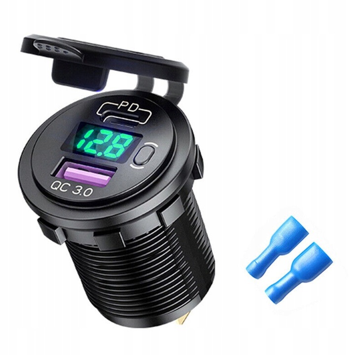 ŁADOWARKA SAMOCHODOWA USB QC3.0 + PD USB C WOLTOMIERZ PRZYCISK ON/OFF