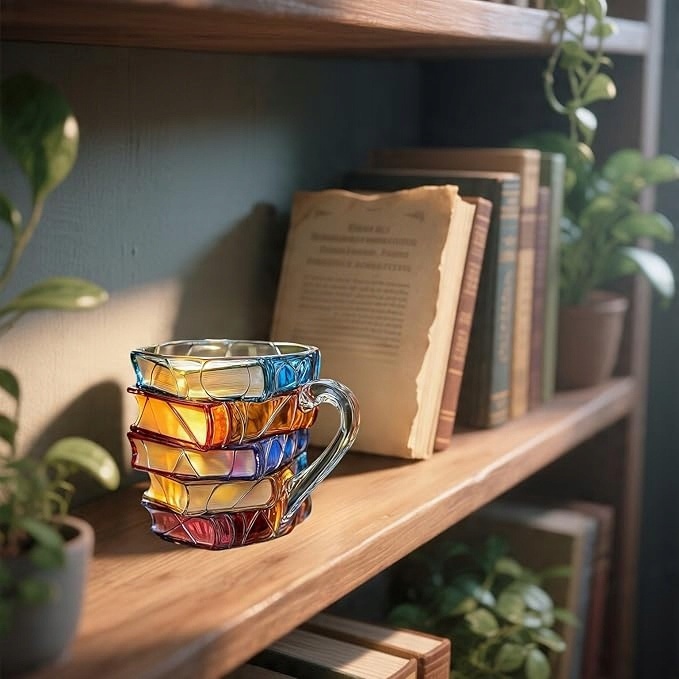 Malowany kubek na książki,3D Malowane książki Stos Szklany kubek do kawy,