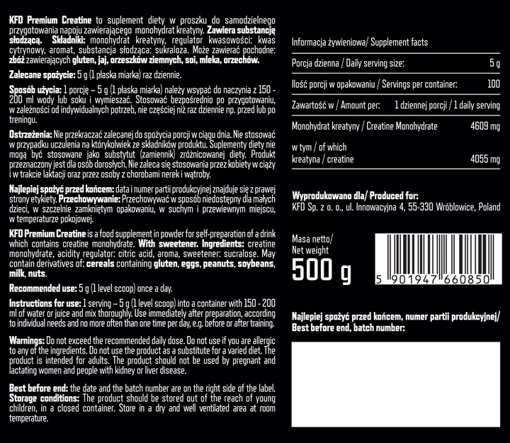 KFD PREMIUM CREATINE - 500 G KREATYNA MONOHYDRAT
