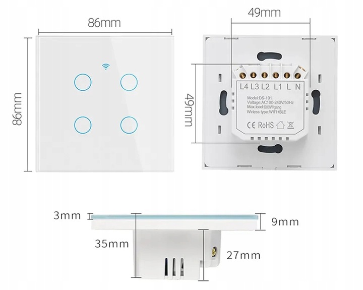 WŁĄCZNIK WYŁĄCZNIK ŚWIATŁA SZKLANY WIFI CZARNY POJEDYNCZY 1G TUYA SMART ⌀60