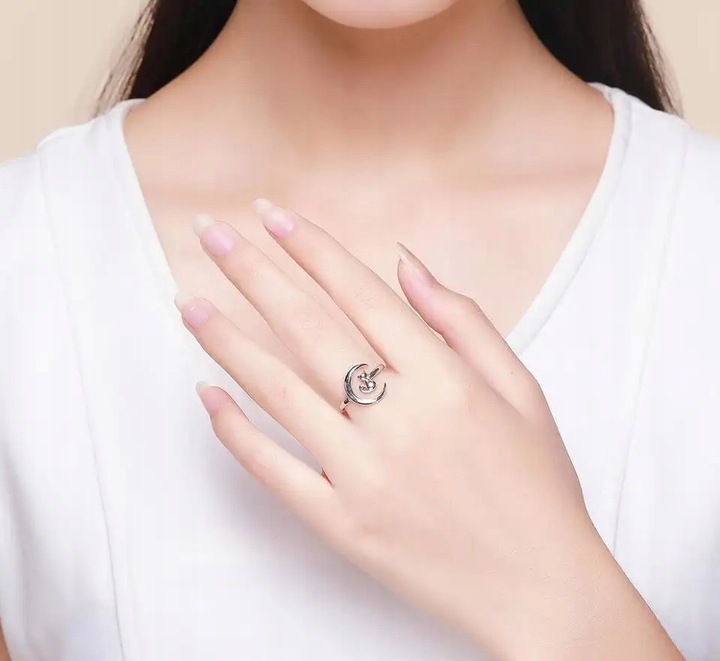 Pierścionek Srebrny 925 Kot Księżyc Pierścionek