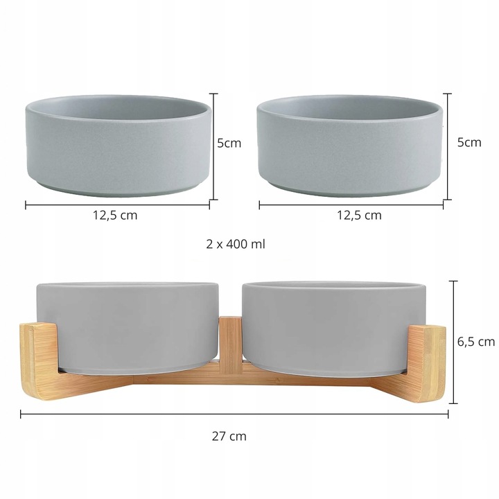 MISKA CERAMICZNA PODWÓJNA DLA PSA I KOTA 2 MISKI DREWNIANA PODSTAWA 2x400ml