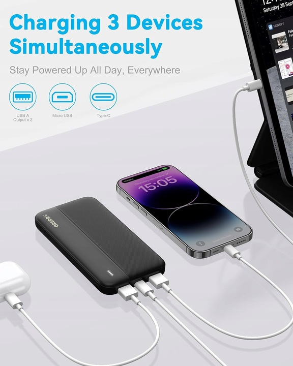 Power Bank 10000 mAh USB-C, MICRO USB, 2 x USB