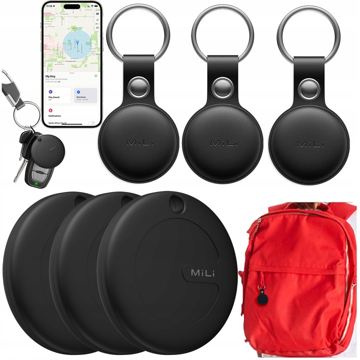 Lokalizator GPS 3x MiTag MiLi do iOS + 3x Etui Brelok do plecaka kluczy psa