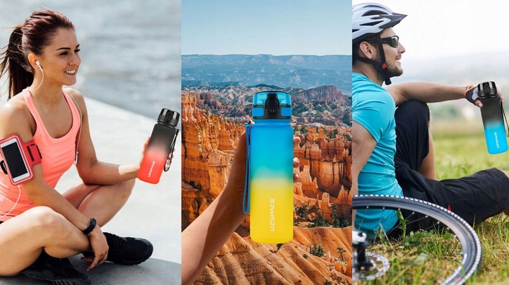 BIDON NA WODĘ 1L BUTELKA Z MIARKĄ MOTYWACYJNĄ TRITAN NIEBIESKO-ŻÓŁTA