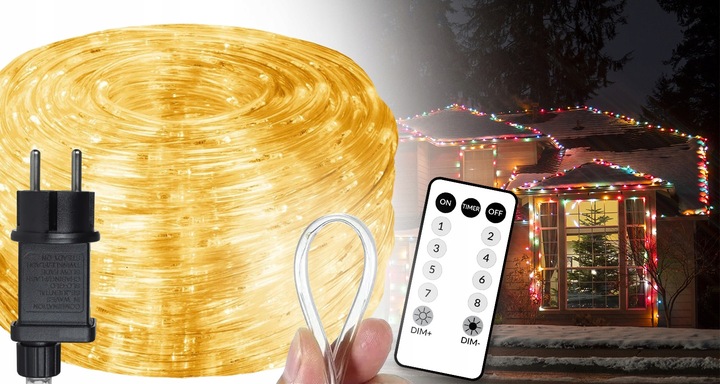 WĄŻ LED LAMPKI ZEWNĘTRZNE CHOINKOWE FLASH TRYBY TIMER IP67 230V CIEPŁY 20m
