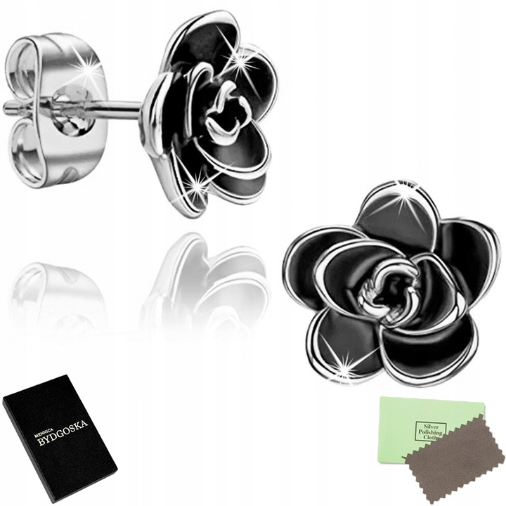 Kolczyki srebrne wkrętki kwiatki rodowane sztyfty czarne srebro oryginalne