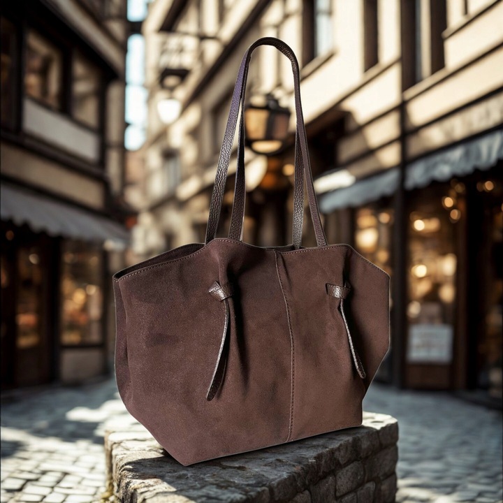 Czekoladowa torebka zamszowa shopper brąz SKÓRA ZAMSZ NATURALNY Vera Pelle