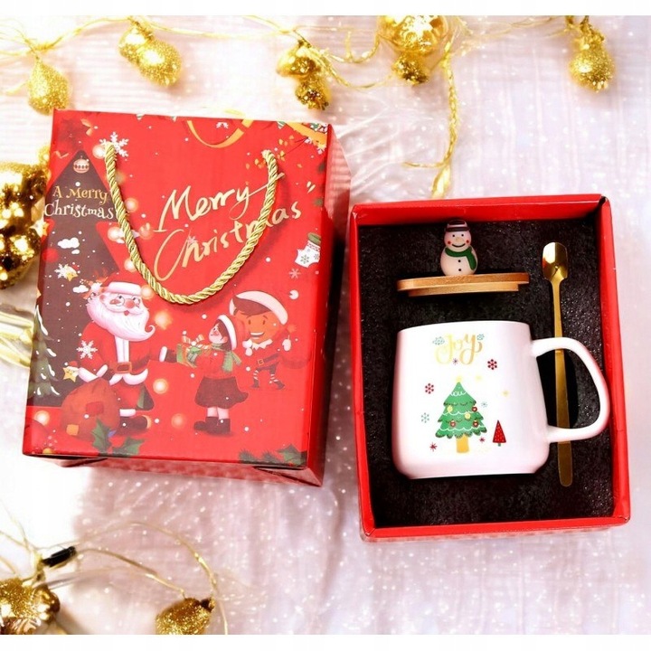 KUBEK ŚWIĄTECZNY - zestaw w pudełku z pokrywką i łyżeczką 225 ml, biały