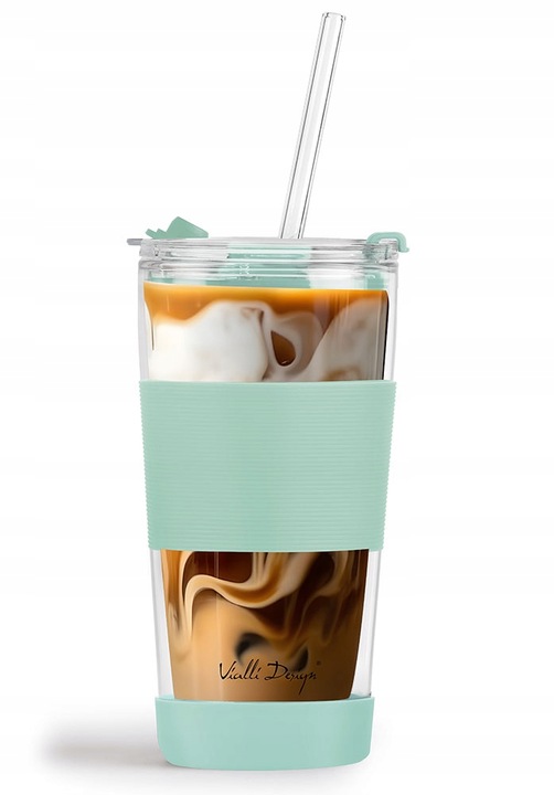 Szklany kubek do kawy ze słomką Vialli Design FUORI 600ml 30428 (miętowy)