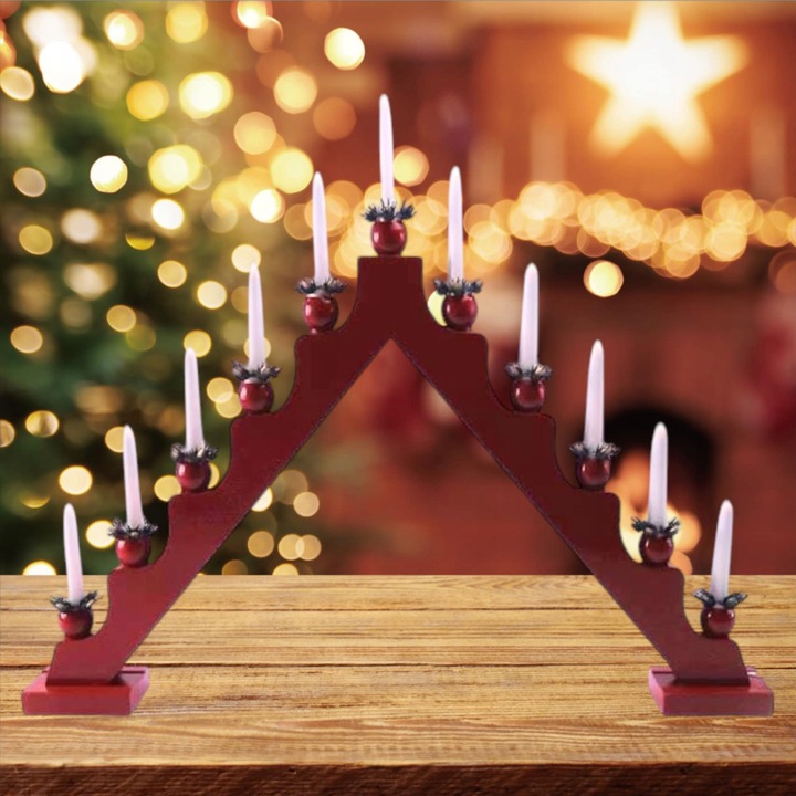 DREWNIANY ŚWIECZNIK ADWENTOWY LED DUŻY CZERWONY