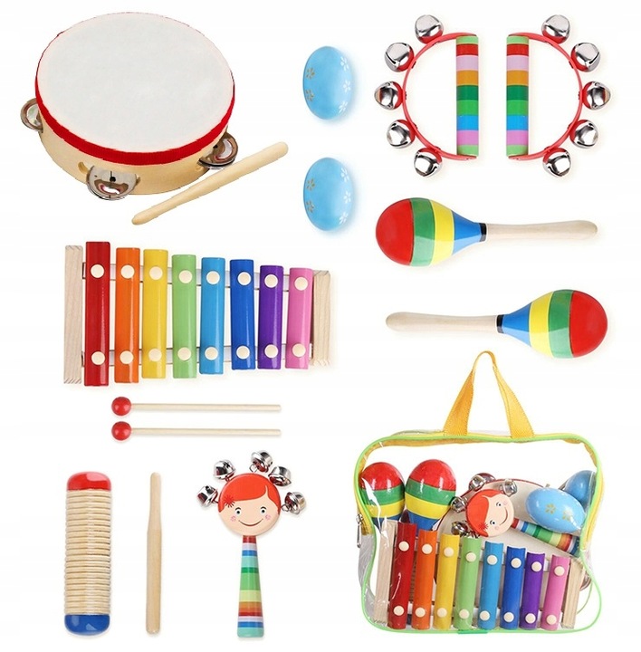 DREWNIANE INSTRUMENTY MUZYCZNE DLA DZIECI W PLECAKU ZESTAW CYMBAŁKI PLECAK